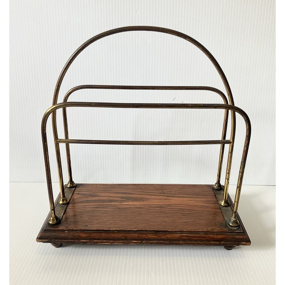 Antique Magazine/ Newspaper Rack Oak And Brass English Victorian Deco Style